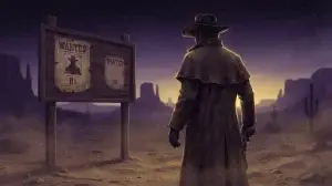 Chasseur de primes de dos dans le désert au crépuscule, face à un panneau d'affiches « Wanted » marquées H1 et H2
