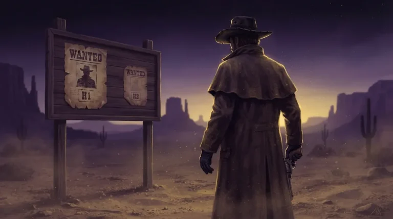Chasseur de primes de dos dans le désert au crépuscule, face à un panneau d'affiches « Wanted » marquées H1 et H2
