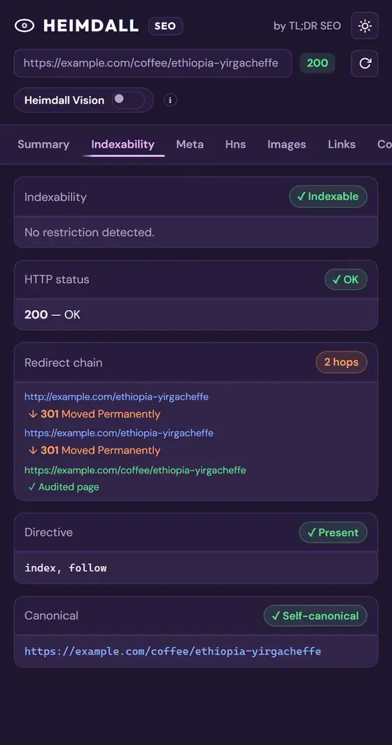 Panneau d'Heimdall SEO en thème sombre : code HTTP, chaîne de redirections, meta robots et canonical
