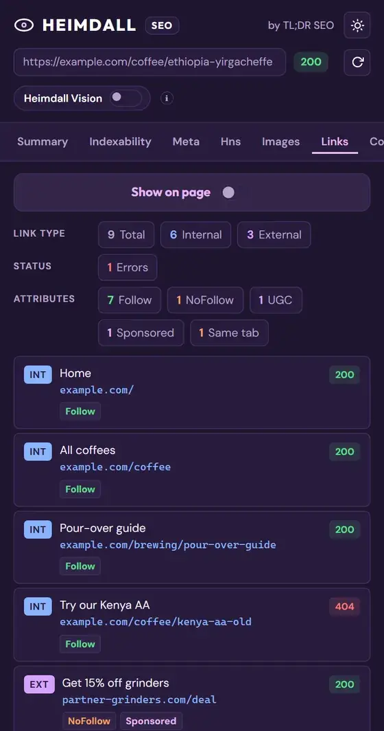 Panneau d'Heimdall SEO en thème sombre : liens internes et externes, attributs et liens en erreur
