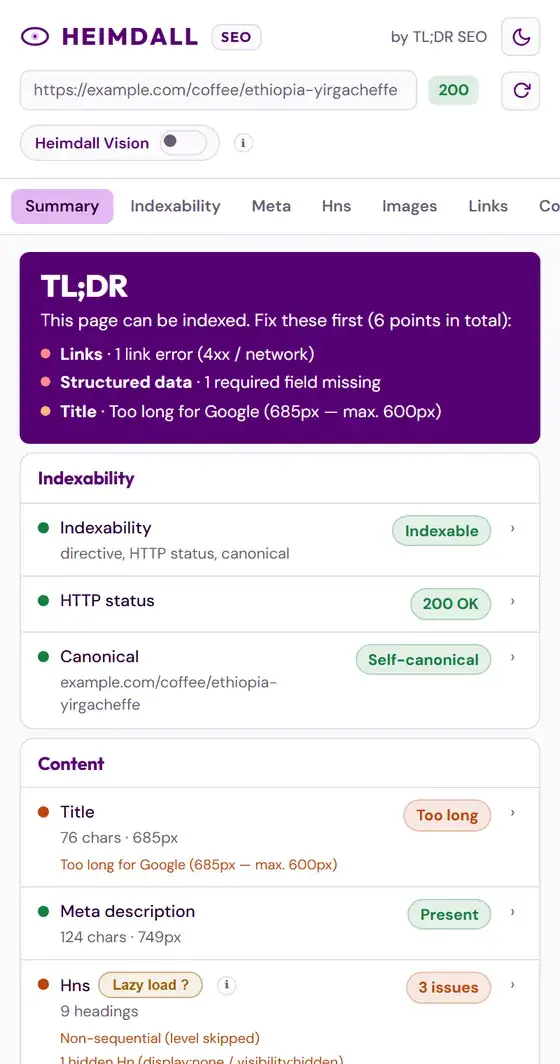 Panneau d'Heimdall SEO en thème clair : encadré TL;DR et résumé de l'audit