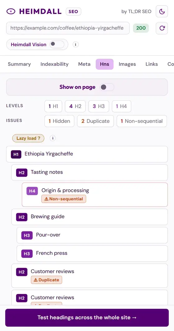 Panneau d'Heimdall SEO en thème clair : plan des titres H1 à H6 et problèmes signalés