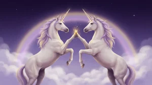 Deux licornes blanches cabrées qui se tapent dans le sabot sous un arc de lumière, au-dessus des nuages