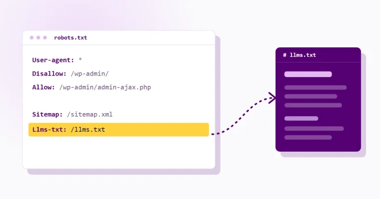 Un fichier robots.txt avec les lignes User-agent, Disallow, Allow et Sitemap, dont la dernière ligne « Llms-txt: /llms.txt » est surlignée et reliée par une flèche au fichier llms.txt