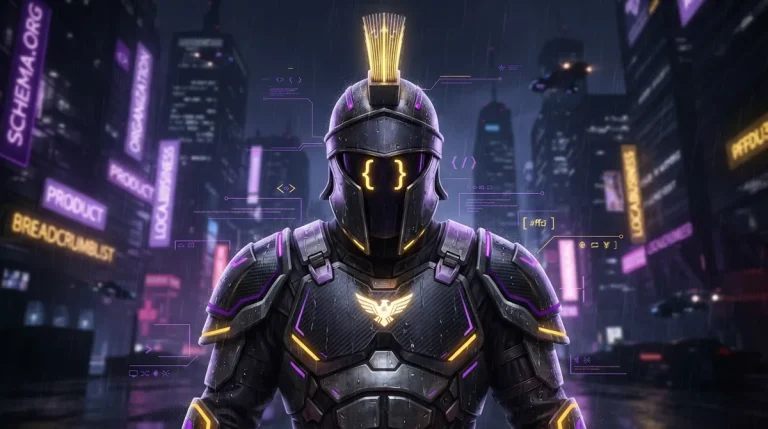 Garde prétorien futuriste en armure high-tech, cimier de lumière dorée et yeux en accolades lumineuses, dans une ville cyberpunk aux enseignes néon schema.org