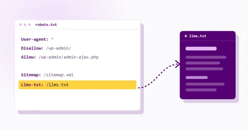Un fichier robots.txt avec les lignes User-agent, Disallow, Allow et Sitemap, dont la dernière ligne « Llms-txt: /llms.txt » est surlignée et reliée par une flèche au fichier llms.txt